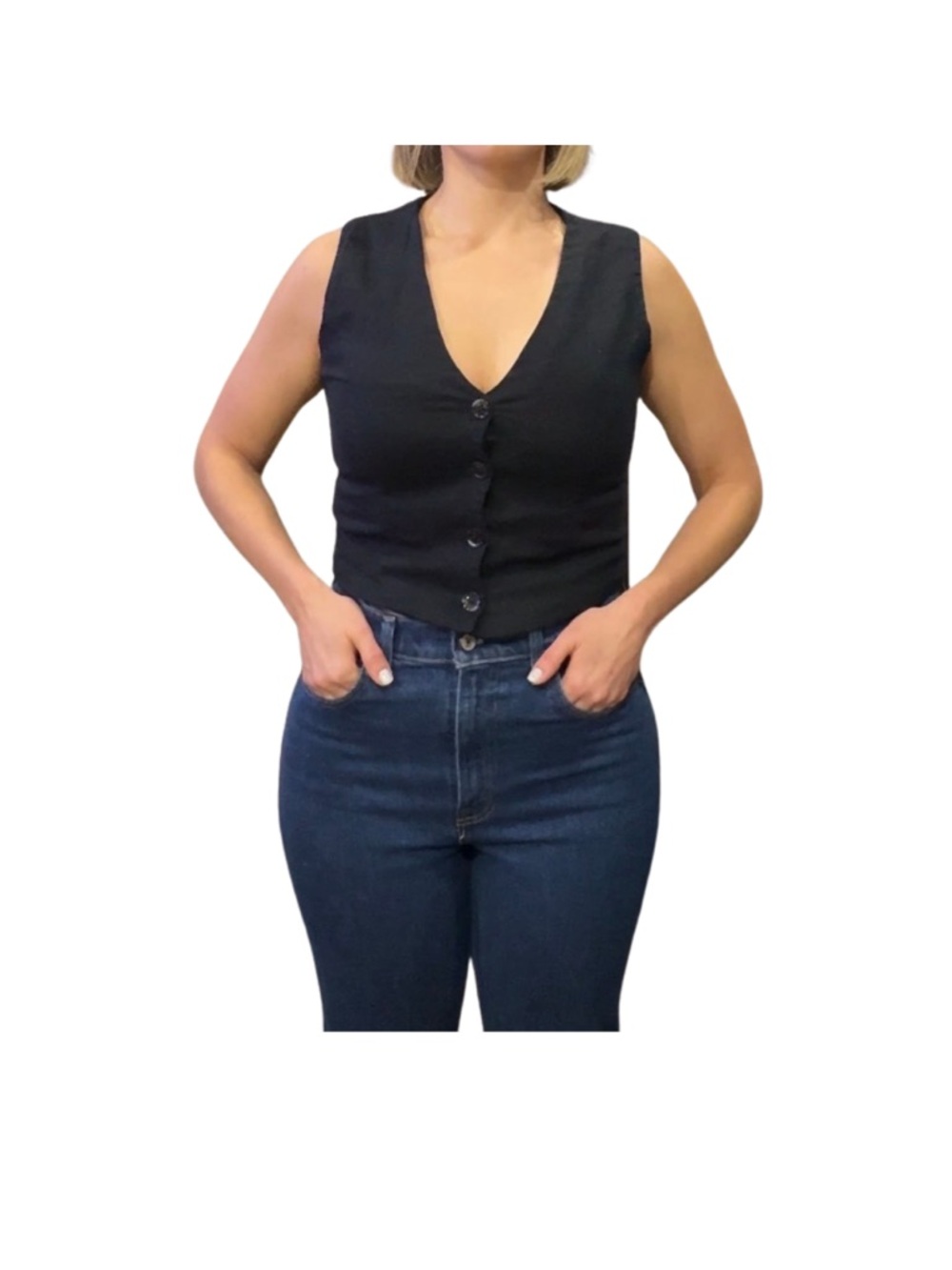 Abercrombie & Fitch Black Linen Vest - Minimal Button Detail